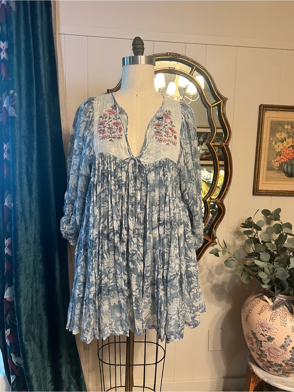 Daughters of India Jaya cotton mini Block Print Dress in Juniper L
